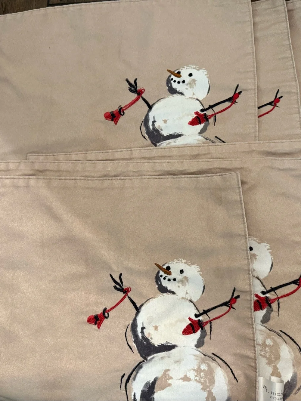 St. Nicholas Square Snowman Christmas Placemats Set/6 Embroidered Holiday Decor